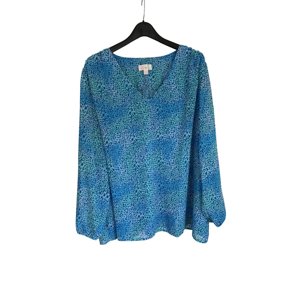 Belle by Kim Gravel Womens 3X Blue‎ Leopard Print V-Neck Balloon Sleeve Blouse